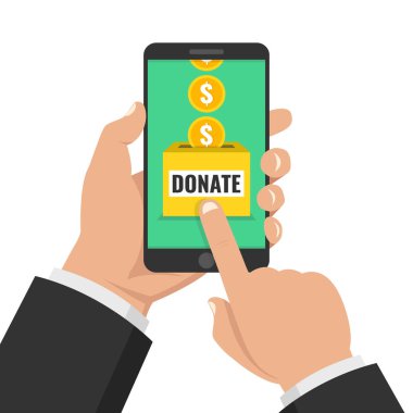 Online kavramı bağış yapın. Holding smartphone ile altın el ve bağış kutusu ekranda. Vektör çizim. 