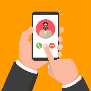 Smartphone ekran gelen arama. Bir yandan dokunmatik ekran smartphone ve parmak tutar. Erkek avatar. Vektör çizim. 