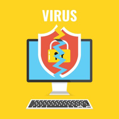 Laptop ekran kırık bir kalkan ile. Virüs, korsan, Hack ve güvenlik kavramı. Vektör çizim. 