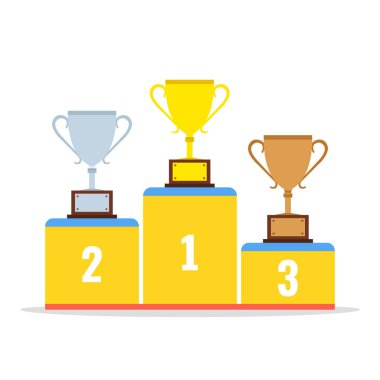 Altın, gümüş ve bronz cups ile kazanan podyum. Düz çizgi film tarzı. Vektör çizim. 