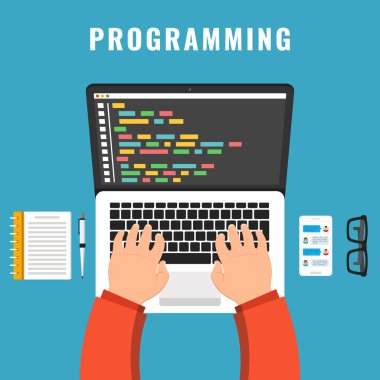 Çalışma Masası dizüstü bilgisayarda kodlama programcı. Ekran dizüstü bilgisayarda kod. Vektör çizim.