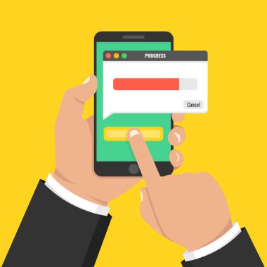 Dosya, bilgi kavramı indiriyor. Akıllı telefon tutarak ve ekran dokunaklı el. Vektör çizim.