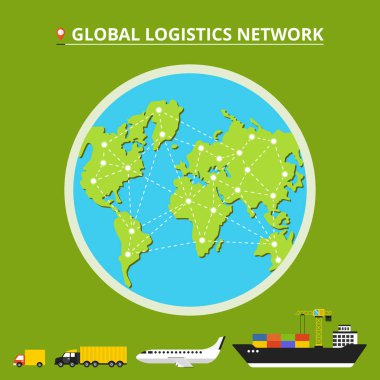 Global lojistik ağı. İcons set: kamyon, van, uçak, kargo gemisi. Nakliye dünya üzerinde. Düz vektör çizim. 