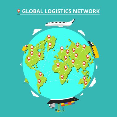 Global lojistik ağı. İcons set: kamyon, van, uçak, kargo gemisi. Nakliye dünya üzerinde. Düz vektör çizim. 