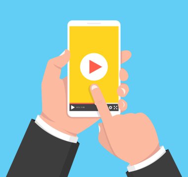 Tablet tutarak ve ekran dokunmadan eller. Ekranda video oynatıcı. Vektör çizim.