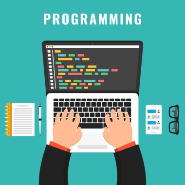 Çalışma Masası dizüstü bilgisayarda kodlama programcı. Ekran dizüstü bilgisayarda kod. Vektör çizim.