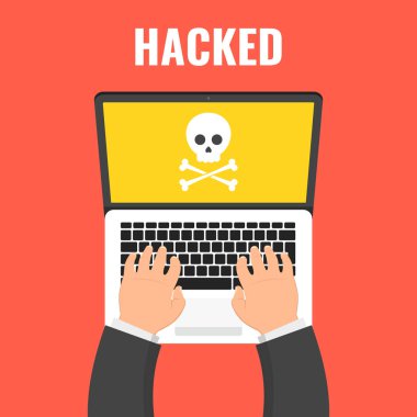 Veri hırsızlığı. Hacker bilgisayar keser. Cyber saldırgan kesmek için çalışırken. Vektör çizim.