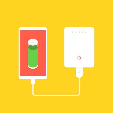 Güç banka Smartphone-e doğru usb kablosu ile bağlı. Vektör çizim. sarı arka plan