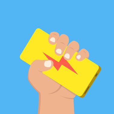 Sarı güç banka elinde tutan adam. Düz çizgi film tarzı. Vektör çizim. 