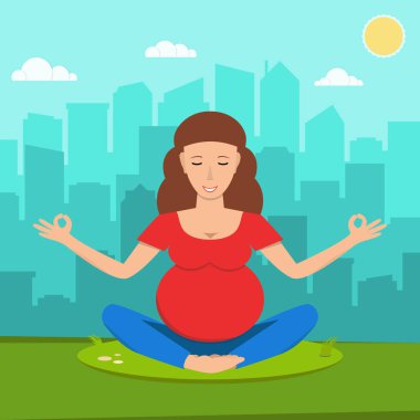 Hamile kadın çimlerde Yoga yapıyor. Şehir gökdelenler, bulutlar ve arka plan üzerinde güneş. Düz vektör çizim. 
