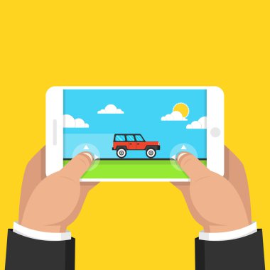 Akıllı telefon tutarak ve yarış oyunu oynayan adam. Mobil oyun kavramı. Düz çizgi film tarzı. Vektör çizim Sarı zemin üzerine