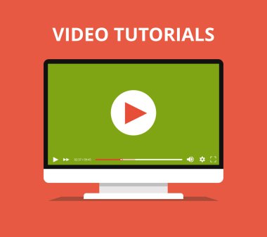 Video eğitimlerini, çalışma ve kavram öğrenme. Online oyuncu üstünde belgili tanımlık perde ile izleyin. Düz vektör çizim.