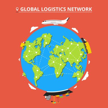 Global lojistik ağı. İcons set: kamyon, van, uçak, kargo gemisi. Nakliye dünya üzerinde. Düz vektör çizim. 