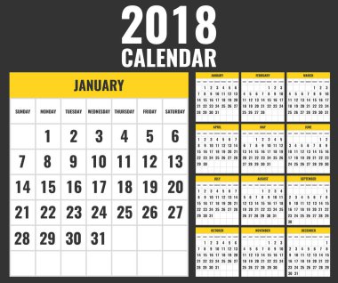 Takvim şablonu 2018 yıl için. Hafta Pazar günü başlar. Vektör çizim.