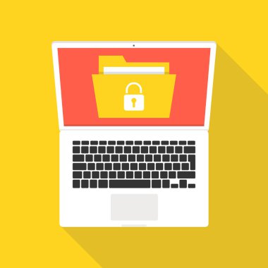 Dosya Koruması üstünde belgili tanımlık perde ile dizüstü bilgisayar. Veri güvenliği ve gizlilik kavramı. Güvenli gizli bilgi. Vektör çizim.