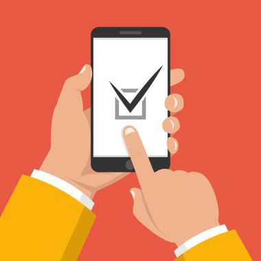 Smartphone ekranında liste düğmesini kontrol edin. Bir yandan dokunmatik ekran smartphone ve parmak tutar. Vektör çizim.