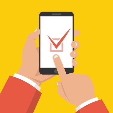 Smartphone ekranında liste düğmesini kontrol edin. Bir yandan dokunmatik ekran smartphone ve parmak tutar. Vektör çizim.