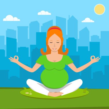 Hamile kadın çimlerde Yoga yapıyor. Şehir gökdelenler, bulutlar ve arka plan üzerinde güneş. Düz vektör çizim. 