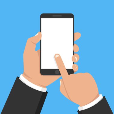 Akıllı telefon tutarak ve ekran dokunaklı el. Vektör çizim.