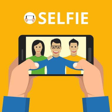 Üstünde belgili tanımlık perde smartphone selfie fotoğraf ile holding adam eller. Vektör düz çizim.