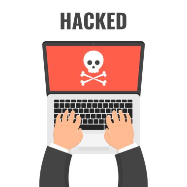 Veri hırsızlığı. Hacker bilgisayar keser. Cyber saldırgan kesmek için çalışırken. Vektör çizim.
