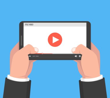 Tablet tutarak ve ekran dokunmadan eller. Ekranda video oynatıcı. Vektör çizim.
