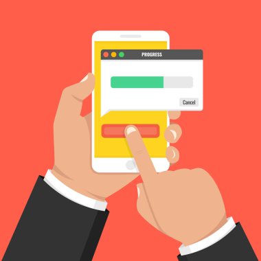 Dosya, bilgi kavramı indiriyor. Akıllı telefon tutarak ve ekran dokunaklı el. Vektör çizim.