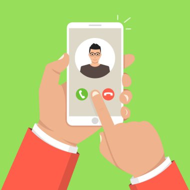 Smartphone ekran gelen arama. Bir yandan dokunmatik ekran smartphone ve parmak tutar. Erkek avatar. Vektör çizim. 