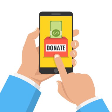 Online kavramı bağış yapın. Holding smartphone Doları para ile el ve bağış kutusu ekranda. Vektör çizim.