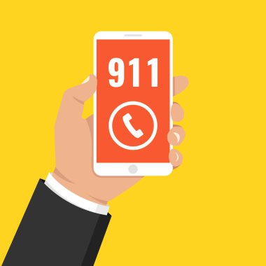 Acil arama 911 kavramı. Acil durum numarası 911'i üstünde belgili tanımlık perde ile cep telefonu tutan el. Vektör çizim. 