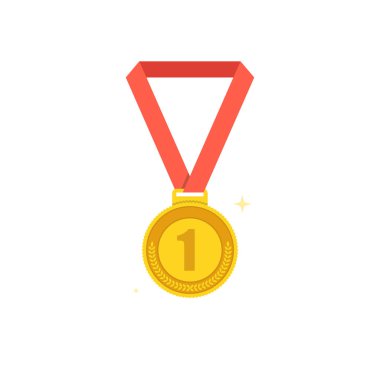 Madalya simgesi. Spor ve şampiyon öğesi. Madalya kırmızı kurdele ile birincilik. Düz çizgi film tarzı. Vektör çizim. 