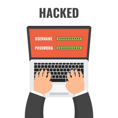 Veri hırsızlığı. Hacker bilgisayar keser. Cyber saldırgan kesmek için çalışırken. Düz çizgi film tarzı. Vektör çizim. 