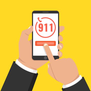 Acil arama 911 kavramı. Acil durum numarası 911'i üstünde belgili tanımlık perde ile cep telefonu tutan el. Vektör çizim. 