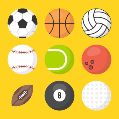 Spor top set vektör. Basketbol, futbol, tenis, futbol, beyzbol, bowling, golf, voleybol. Düz vektör çizim. 