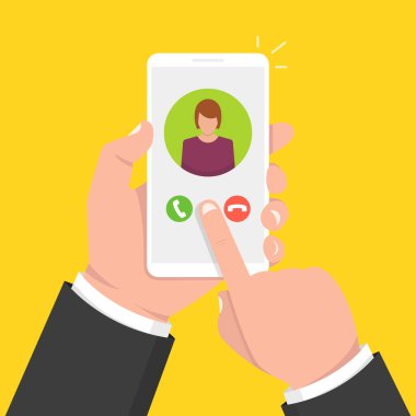 Smartphone ekran gelen arama. Bir yandan dokunmatik ekran smartphone ve parmak tutar. Kadın avatar. Vektör çizim. 