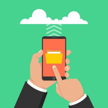 Dosya, bilgi kavramı indiriyor. Akıllı telefon tutarak ve ekran dokunaklı el. Vektör çizim. 