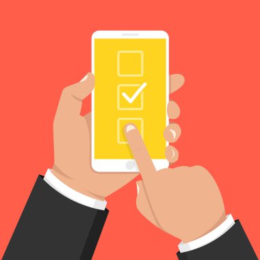 Smartphone ekranında liste düğmesini kontrol edin. Bir yandan dokunmatik ekran smartphone ve parmak tutar. Vektör çizim.