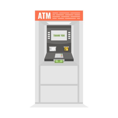 Sokak Atm vezne makinesi bir yuva dışarı yapışmasını ekran ve Doları banknot üzerinde olumlu bir yanıt. Vektör çizim.