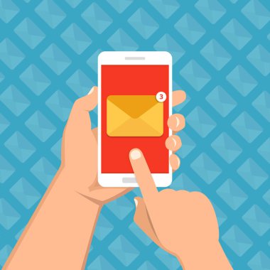 Gelen ileti kavramı. El mavi arka plan, tebliğ üstünde perde smartphone zarf simgesi ile tutun. E-posta pazarlama. Düz çizgi film tarzı. Vektör çizim. 