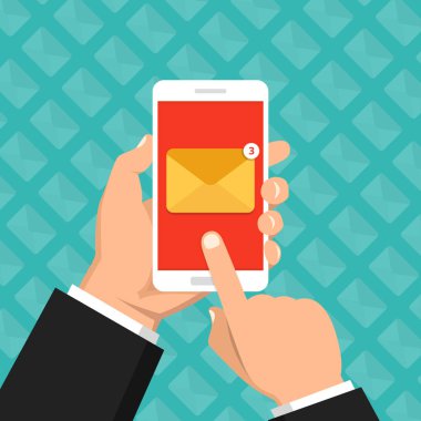 Gelen ileti kavramı. El deniz mavisi arka plan, tebliğ üstünde perde smartphone zarf simgesi ile tutun. E-posta pazarlama. Düz çizgi film tarzı. Vektör çizim. 