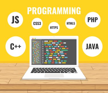 Programlama, web geliştirme kavramı. Ekran bilgisayarda kod. İş yerinde. Vektör çizim. Sarı arka plan