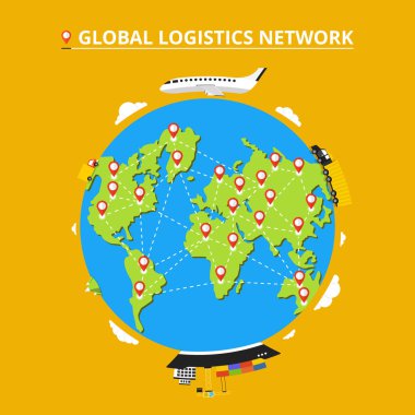Global lojistik ağı. İcons set: kamyon, van, uçak, kargo gemisi. Nakliye dünya üzerinde. Düz vektör çizim. 