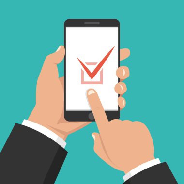 Smartphone ekranında liste düğmesini kontrol edin. Bir yandan dokunmatik ekran smartphone ve parmak tutar. Vektör çizim.