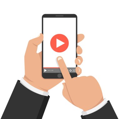 Tablet tutarak ve ekran dokunmadan eller. Ekranda video oynatıcı. Vektör çizim.