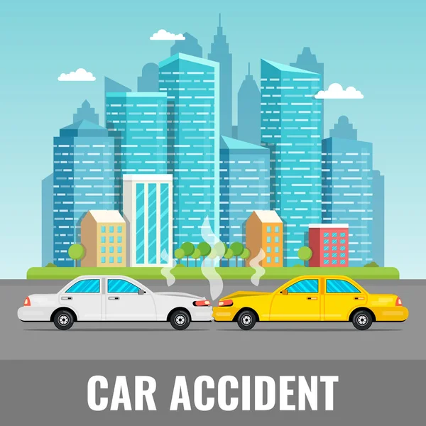 Αυτοκίνητο Έννοιας Ατύχημα Πόλης Κέντρο Του Τοπίου Στο Παρασκήνιο Εικονογράφηση — Διανυσματικό Αρχείο