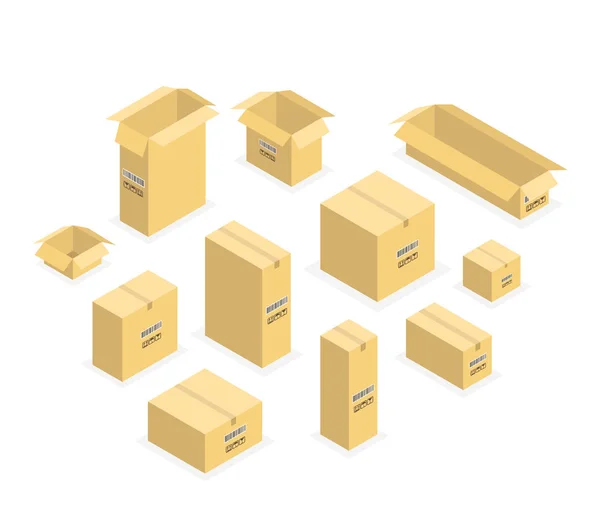 Ensemble Boîtes Isométriques Carton Isolées Set Fermé Ouvert Boîtes Carton — Image vectorielle