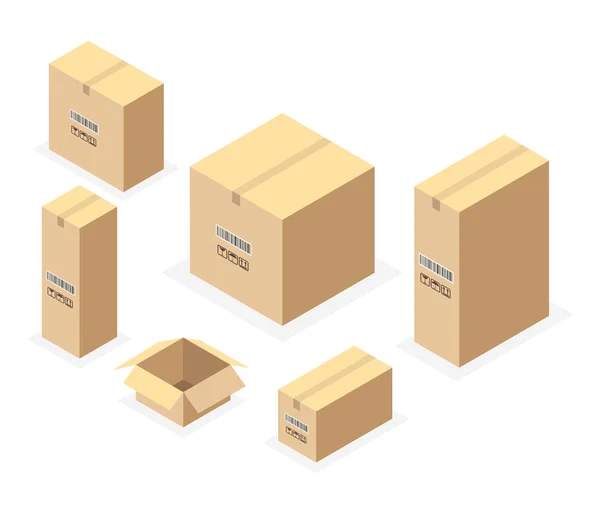 Ensemble Boîtes Isométriques Carton Isolées Set Fermé Ouvert Boîtes Carton — Image vectorielle