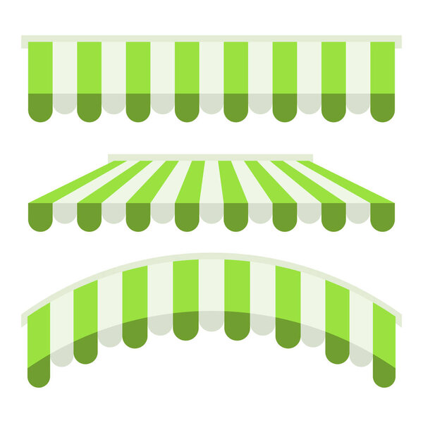 Shop awning tents for window. Outdoor market canopy, vintage store roof. Vector illustration.