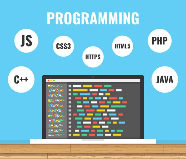 Programozás Web Fejlesztési Koncepció Számítógép Képernyő Kód Munkahelyen Vektoros Illusztráció — Stock Vector