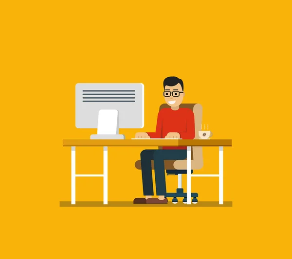 Hombre Trabajando Oficina Detrás Escritorio Con Computadora Escritorio Café Ilustración — Vector de stock